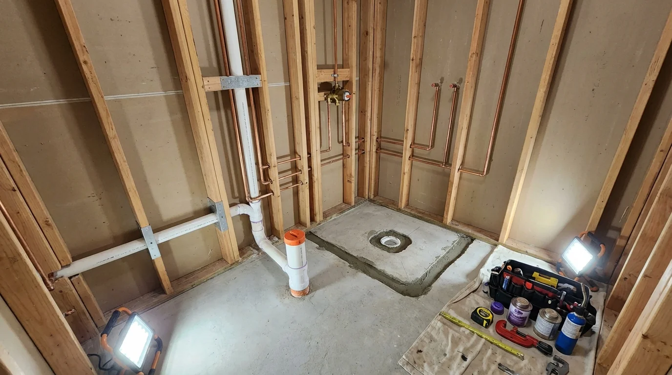 Bathroom rough-in plumbing during remodel by Johns Plumbing LLC in East Providence