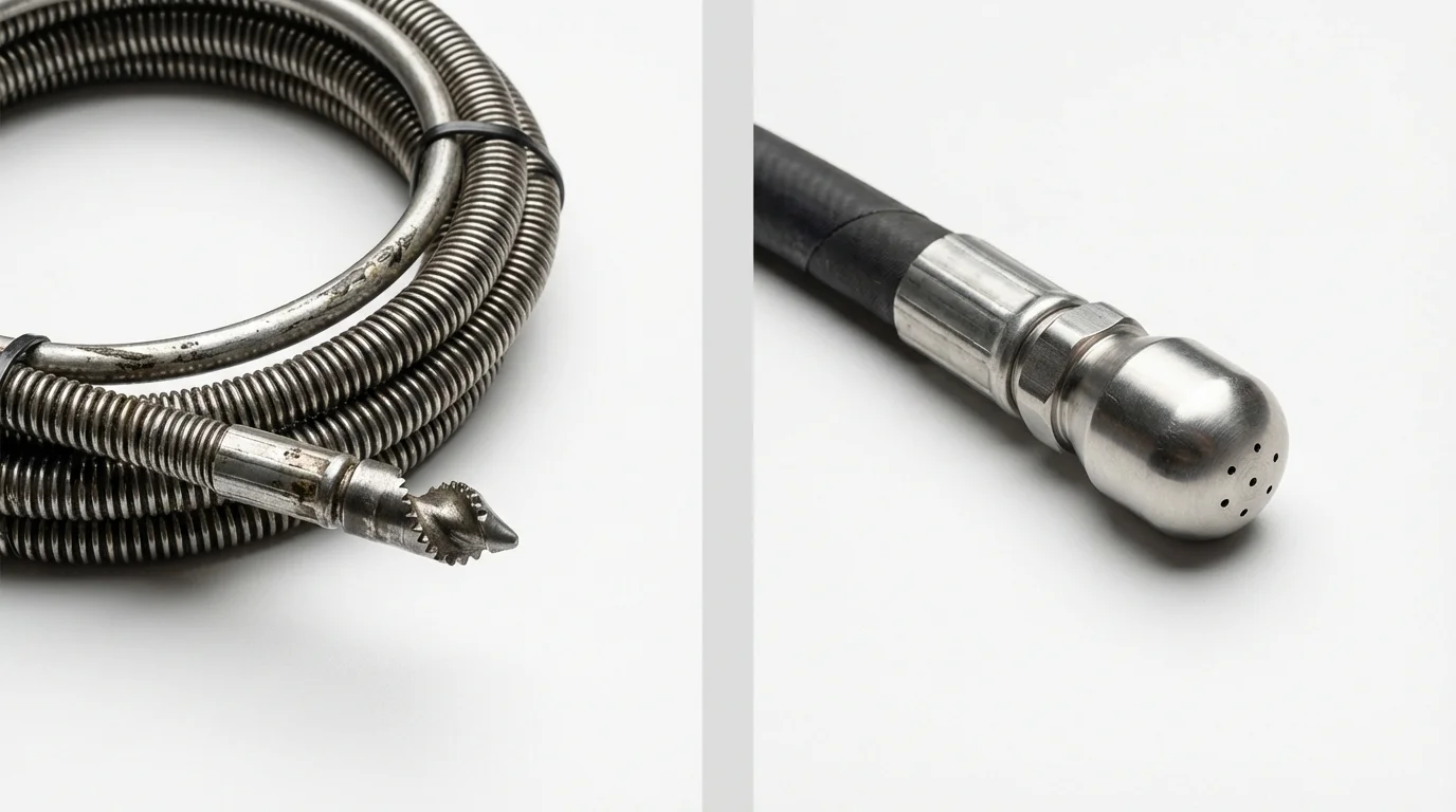 Drain snake cable and hydro jetting nozzle used for drain cleaning in East Providence, RI