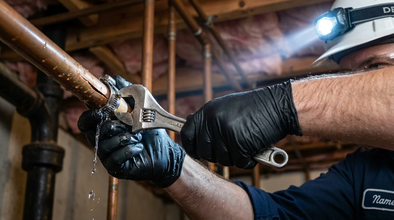 Emergency pipe clamp repair being performed by a Johns Plumbing LLC plumber in East Providence