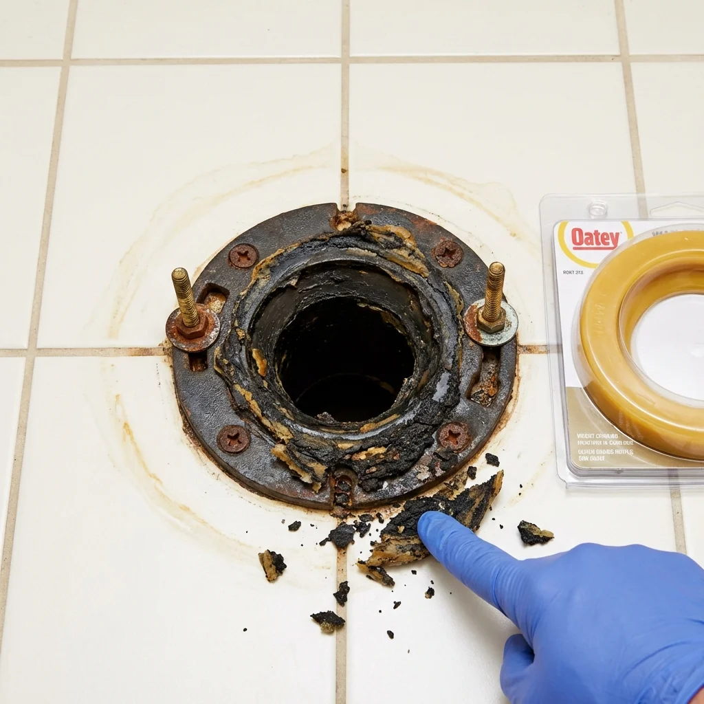Failed wax ring showing water seepage at the base of a toilet in a East Providence, RI home