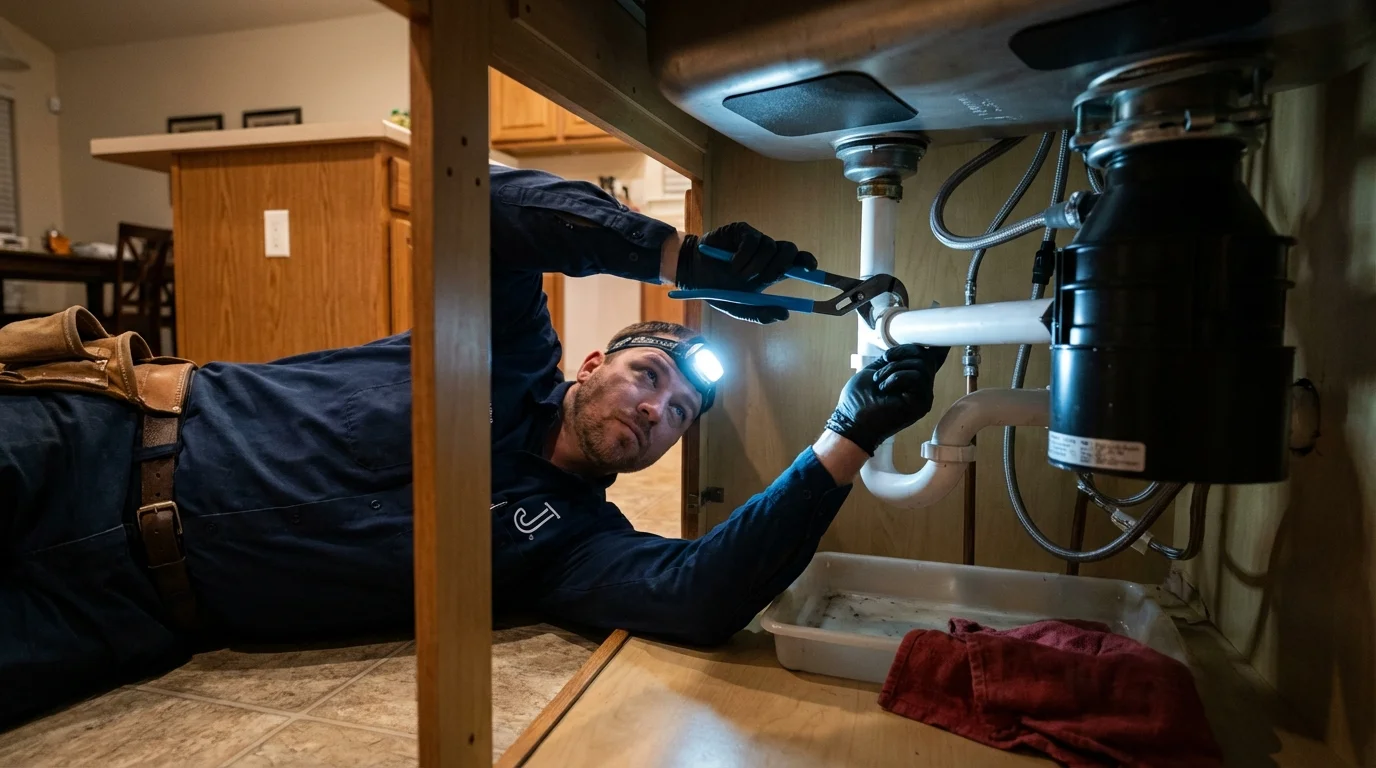 P-trap and supply line connections under a kitchen sink showing a common leak point in East Providence, RI